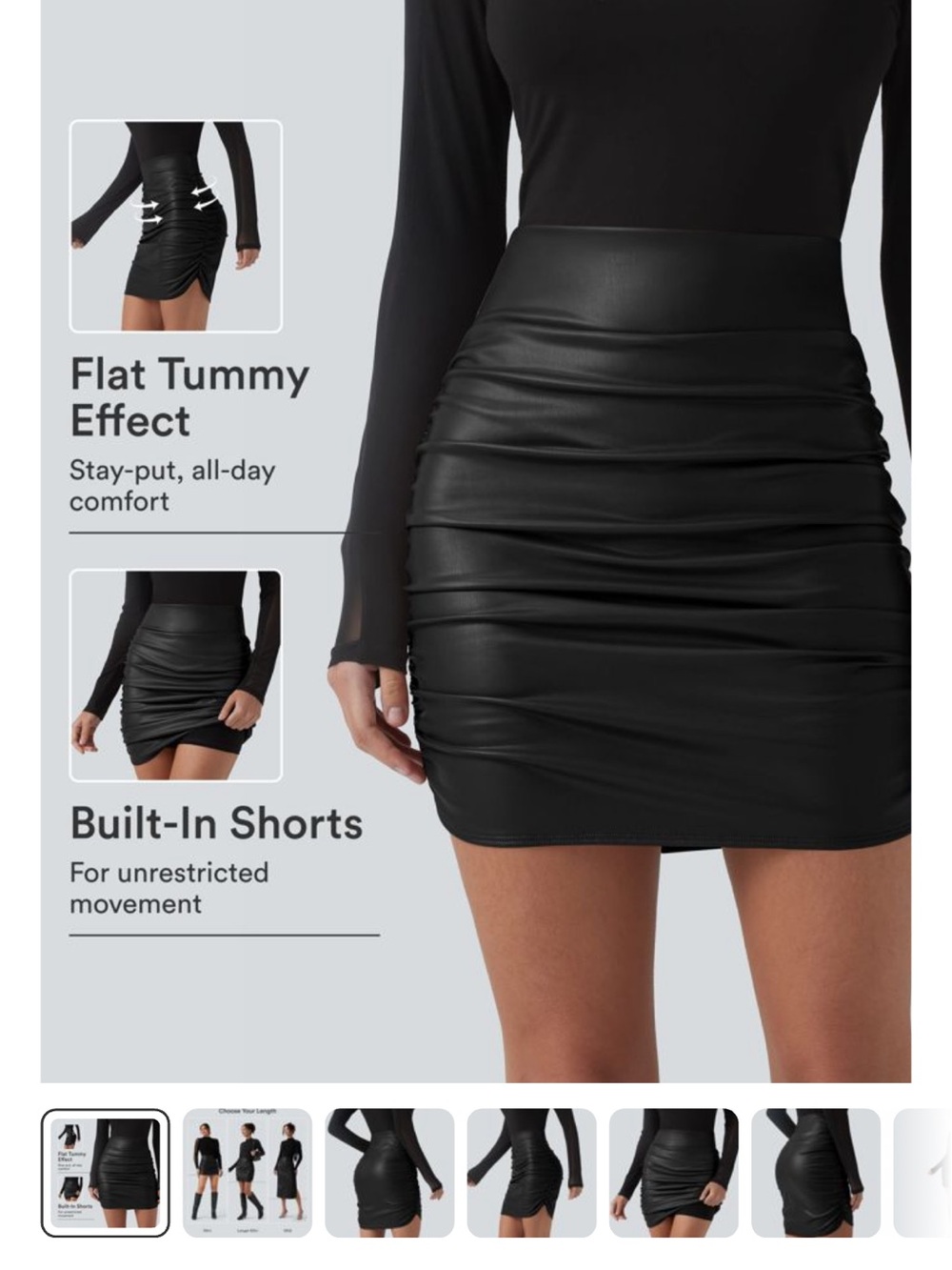 HALARA Black Faux Leather Ruched Mini Skirt with Built-In Shorts